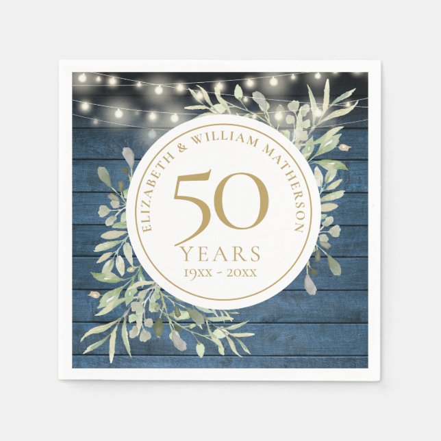 50th Anniversary String Lights Foliage Rustic Wood Napkins (Front)