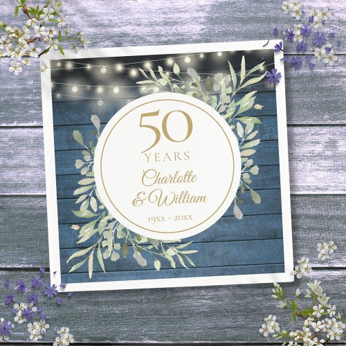 50th Anniversary String Lights Foliage Rustic Wood Napkins