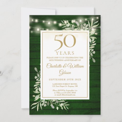 50th Anniversary String Lights Green Wood Floral Invitation