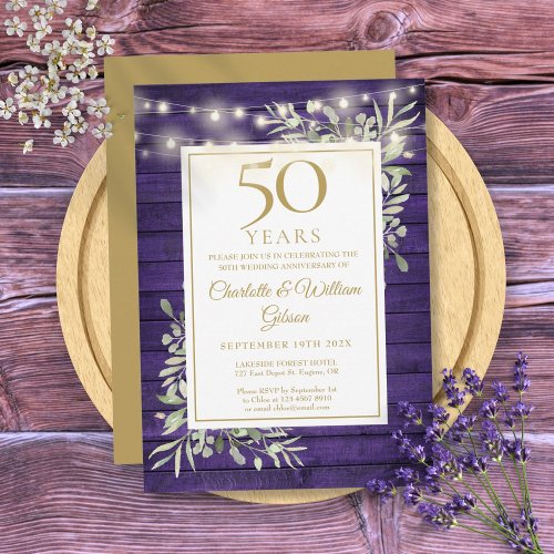 50th Anniversary String Lights Purple Wood Foliage Invitation