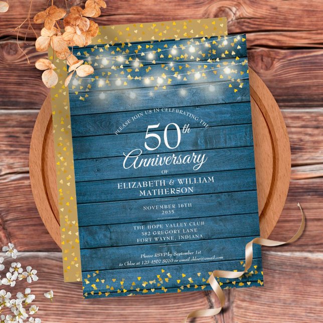 50th Anniversary String Lights Wood Golden Hearts Invitation (Creator Uploaded)