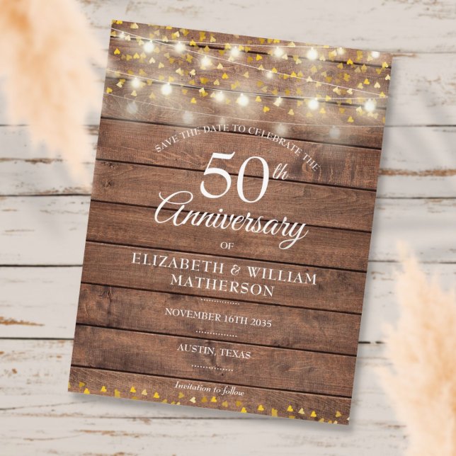 50th Anniversary String Lights Wood Save the Date Announcement Postcard