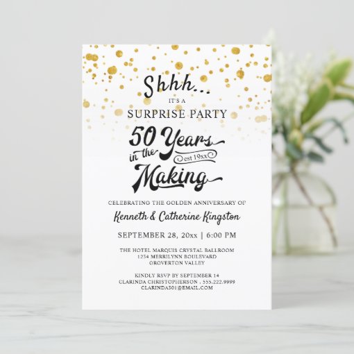 50th Anniversary Surprise Party Gold Confetti Invitation | Zazzle