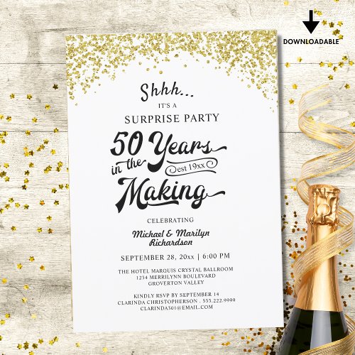 50th Anniversary Surprise Party Gold Confetti Invitation