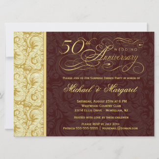 50th Anniversary Surprise Party - Gold Damask Invitation
