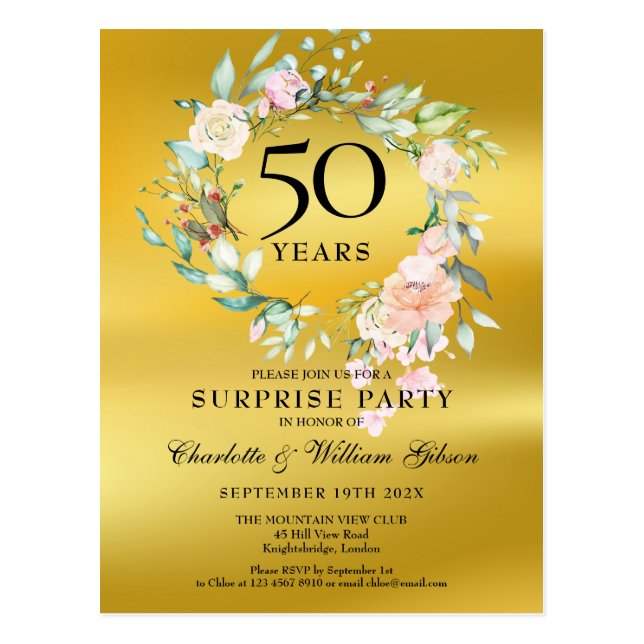50th Anniversary Surprise Party Gold Foil Floral Postcard (Front)