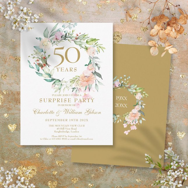 50th Anniversary Surprise Party Roses Garland Announcement Postcard (50th Anniversary Surprise Party Roses Garland Announcement Postcard)