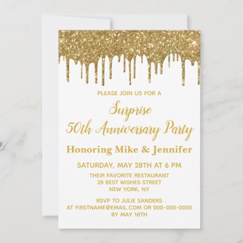 50th Anniversary Surprise Party White Gold Glitter Invitation