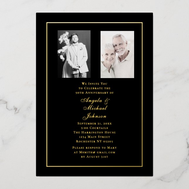50th Anniversary Then and Now Black Gold Foil Invitation (Front)