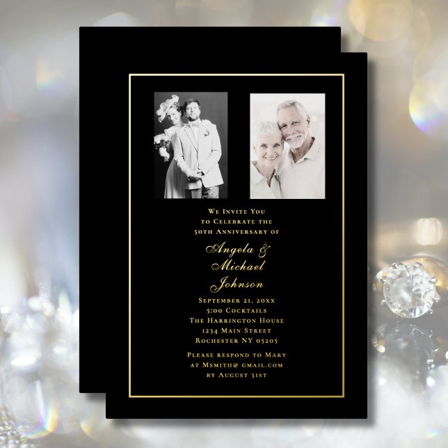 50th Anniversary Then and Now Black Gold Foil Invitation (Creator Uploaded)