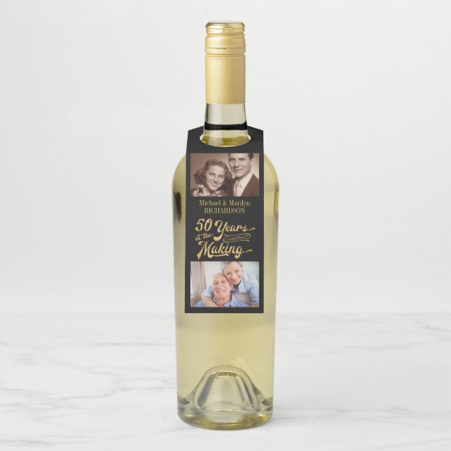 50th Anniversary Then and Now Photos Black & Gold Bottle Hanger Tag (On Bottle)