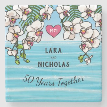 50th Anniversary Tropical Beach Orchids Stone Coaster by DuchessOfWeedlawn at Zazzle
