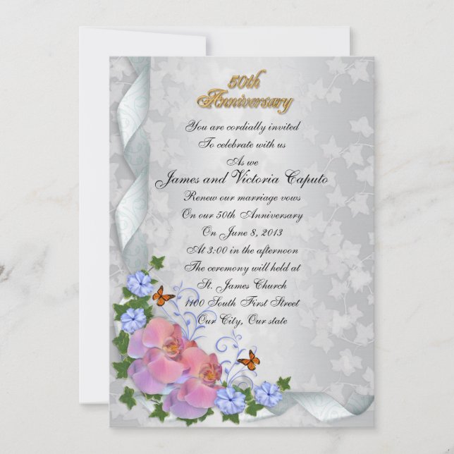 50th Anniversary vow renewal elegant floral orchid Invitation (Front)