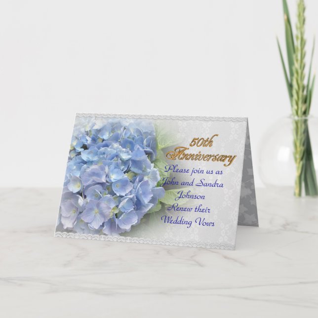 50th anniversary vow renewal hydrangeas blue holiday card (Front)