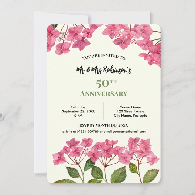 50th Anniversary Watercolor Pink Hydrangea Lacecap Invitation (Front)
