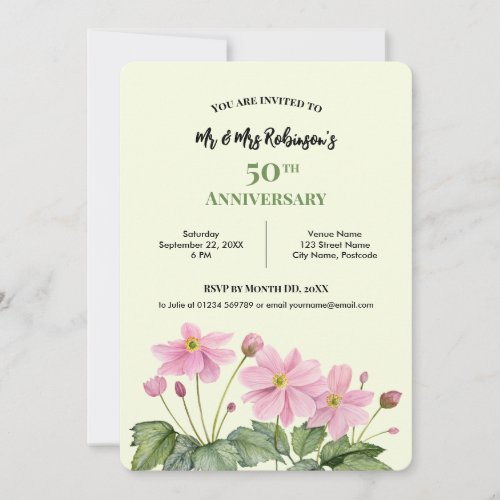 50th Anniversary Watercolor Pink Japanese Anemone Invitation