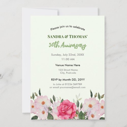 50th Anniversary Watercolor Pink Roses Invitation