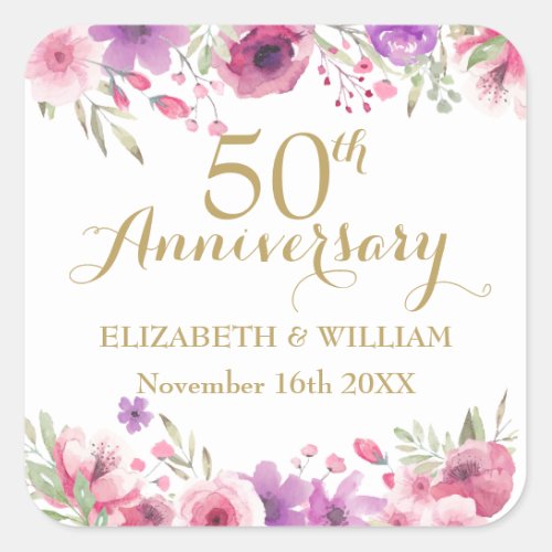 50th Anniversary Watercolour Roses Square Sticker