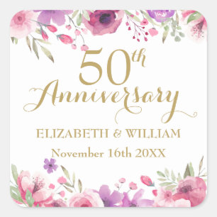 50th Anniversary Watercolour Roses Square Sticker