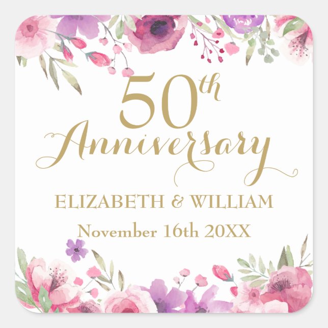 50th Anniversary Watercolour Roses Square Sticker (Front)