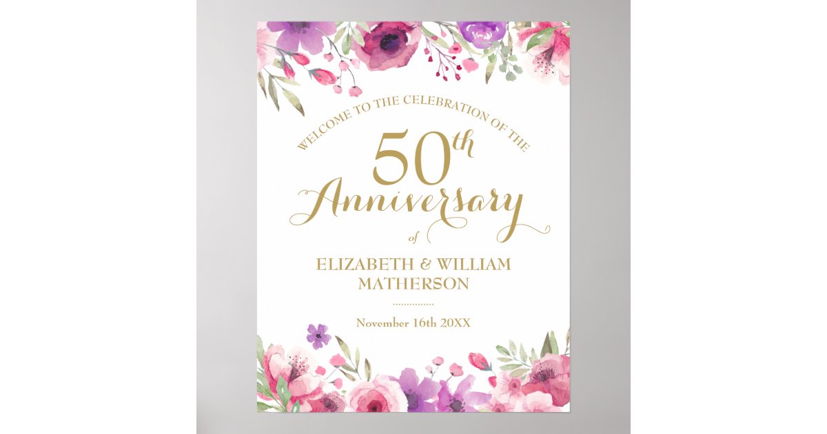 50th Anniversary Watercolour Roses Welcome Sign | Zazzle