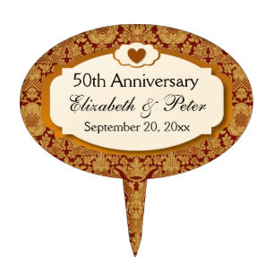 50th Anniversary Wedding Anniversary Gold Damask Cake Topper