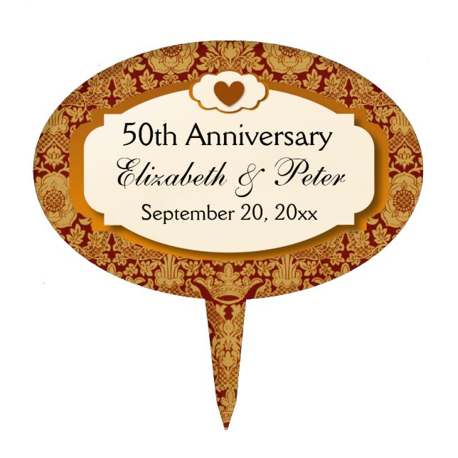 50th Anniversary Wedding Anniversary Gold Damask Cake Topper (Front)