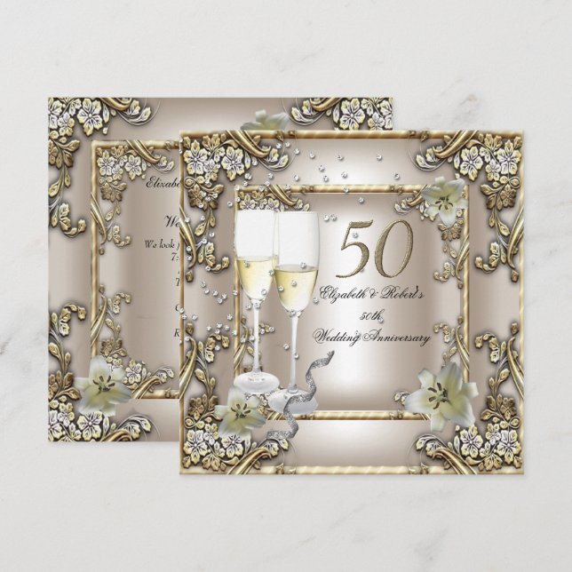 50th Anniversary Wedding Cream Gold Lily Invitation (Front/Back)