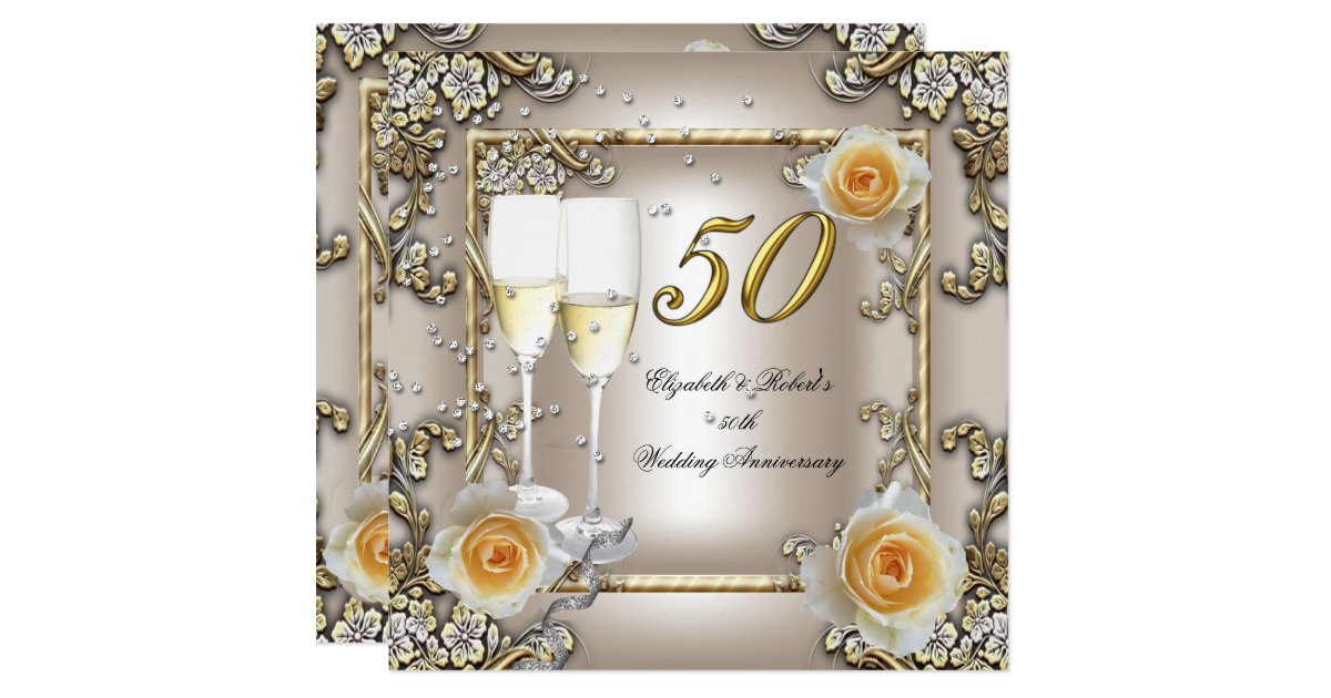50th Anniversary Wedding Cream Gold Rose Silver Invitation