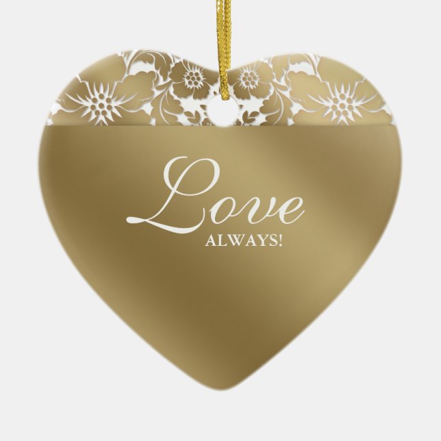 50th Anniversary Wedding Floral Damask Gold White Ceramic Ornament (Front)