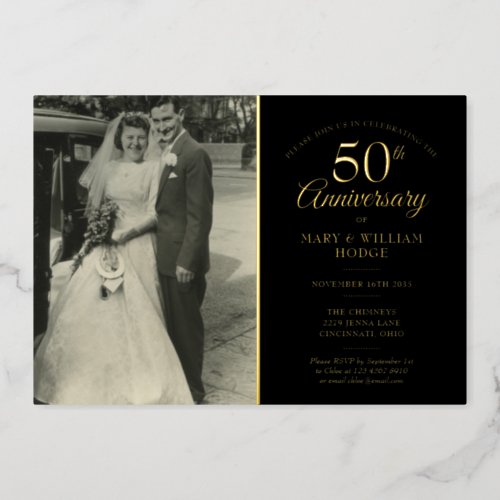 50th Anniversary Wedding Photo Black And Gold Foil Invitation