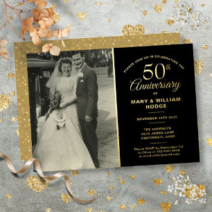 50th Anniversary Wedding Photo Black And Gold Foil Invitation