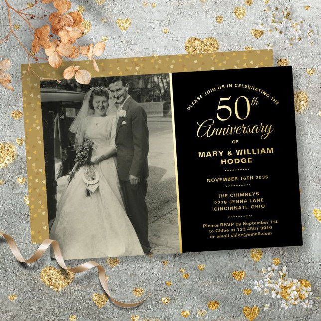 50th Anniversary Wedding Photo Black And Gold Foil Invitation (50th Anniversary Wedding Photo Black And Gold Foil Invitation)