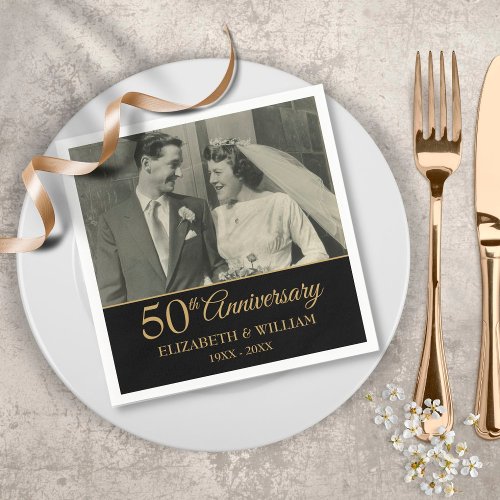 50th Anniversary Wedding Photo Elegant Gold Black Napkins