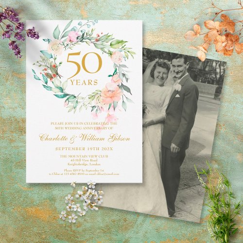 50th Anniversary Wedding Photo Floral Garland Invitation