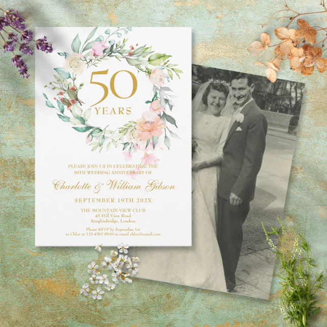 50th Anniversary Wedding Photo Floral Garland Invitation | Zazzle