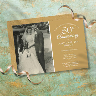 50th Anniversary Wedding Photo Gold Dust Confetti Invitation