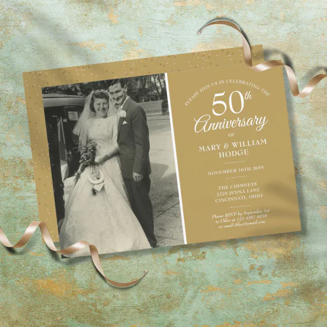 50th Anniversary Wedding Photo Gold Dust Confetti Invitation 