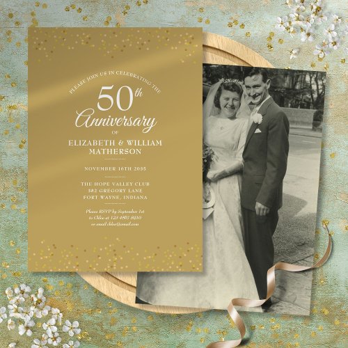 50th Anniversary Wedding Photo Gold Dust Invitation