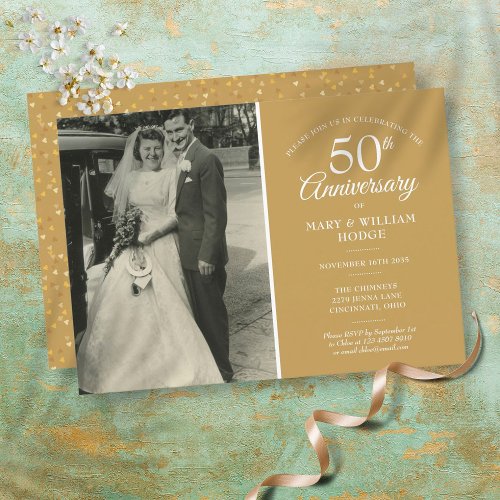 50th Anniversary Wedding Photo Gold Heart Confetti Invitation