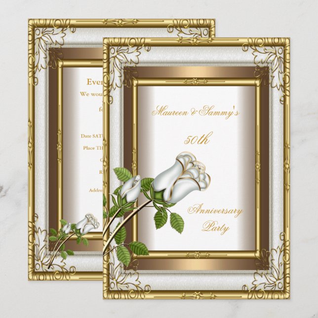50th Anniversary Wedding White Rose Gold Elegant 2 Invitation (Front/Back)