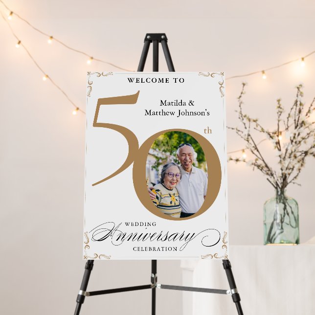 50th Anniversary White Gold Photo Welcome Sign (In Situ (Stand))