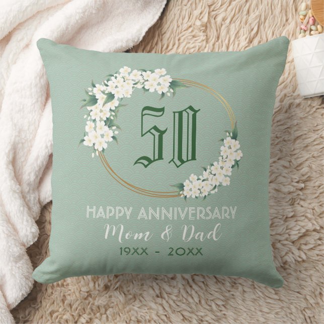 50th Anniversary White Green Floral Chinoiserie Th Throw Pillow (Blanket)