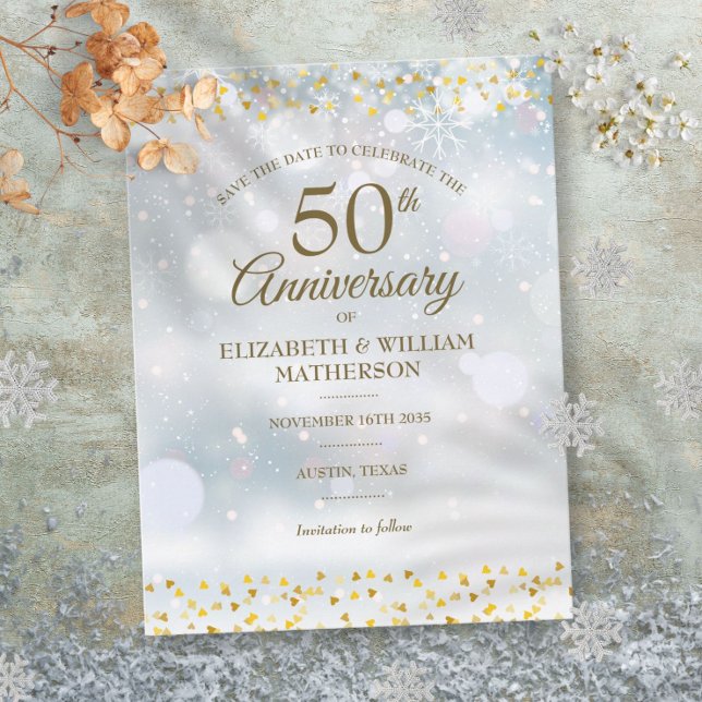 50th Anniversary Winter Snowflakes Save the Date Announcement Postcard