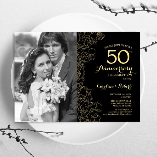 50th Anniversary With Photo _ Black Gold Floral Invitation