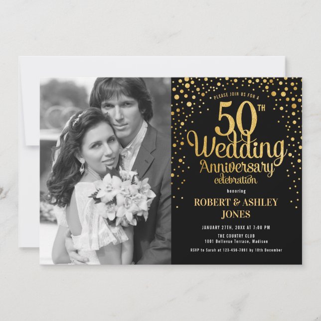 50th Anniversary with Photo - Black Gold Invitation (Front)