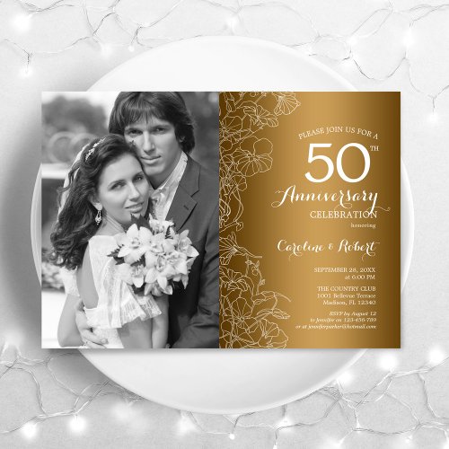 50th Anniversary With Photo _ Gold White Floral Invitation