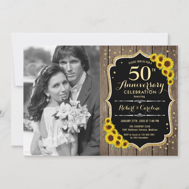 50th Anniversary with Photo - Rustic Sunflowers Invitation (Front)