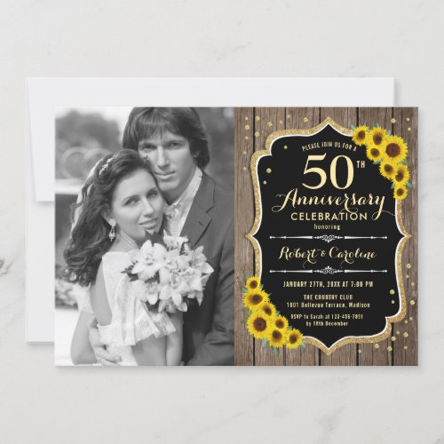 50th Anniversary with Photo _ Rustic Sunflowers Invitation