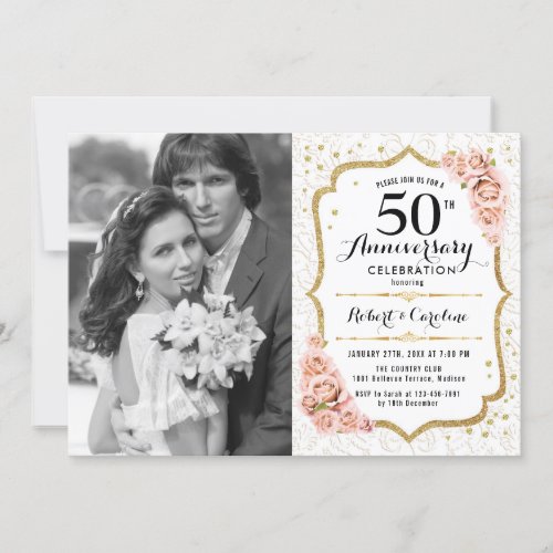 50th Anniversary with Photo _ White Gold Blush Invitation